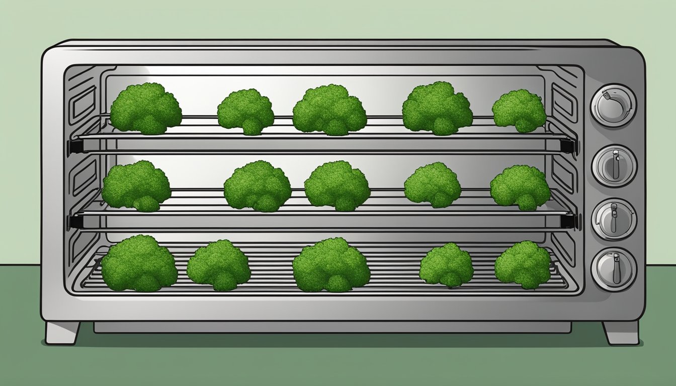 Fresh broccoli florets spread out on a baking sheet inside an open oven. The oven light is on and the temperature dial is set to the recommended level for dehydrating