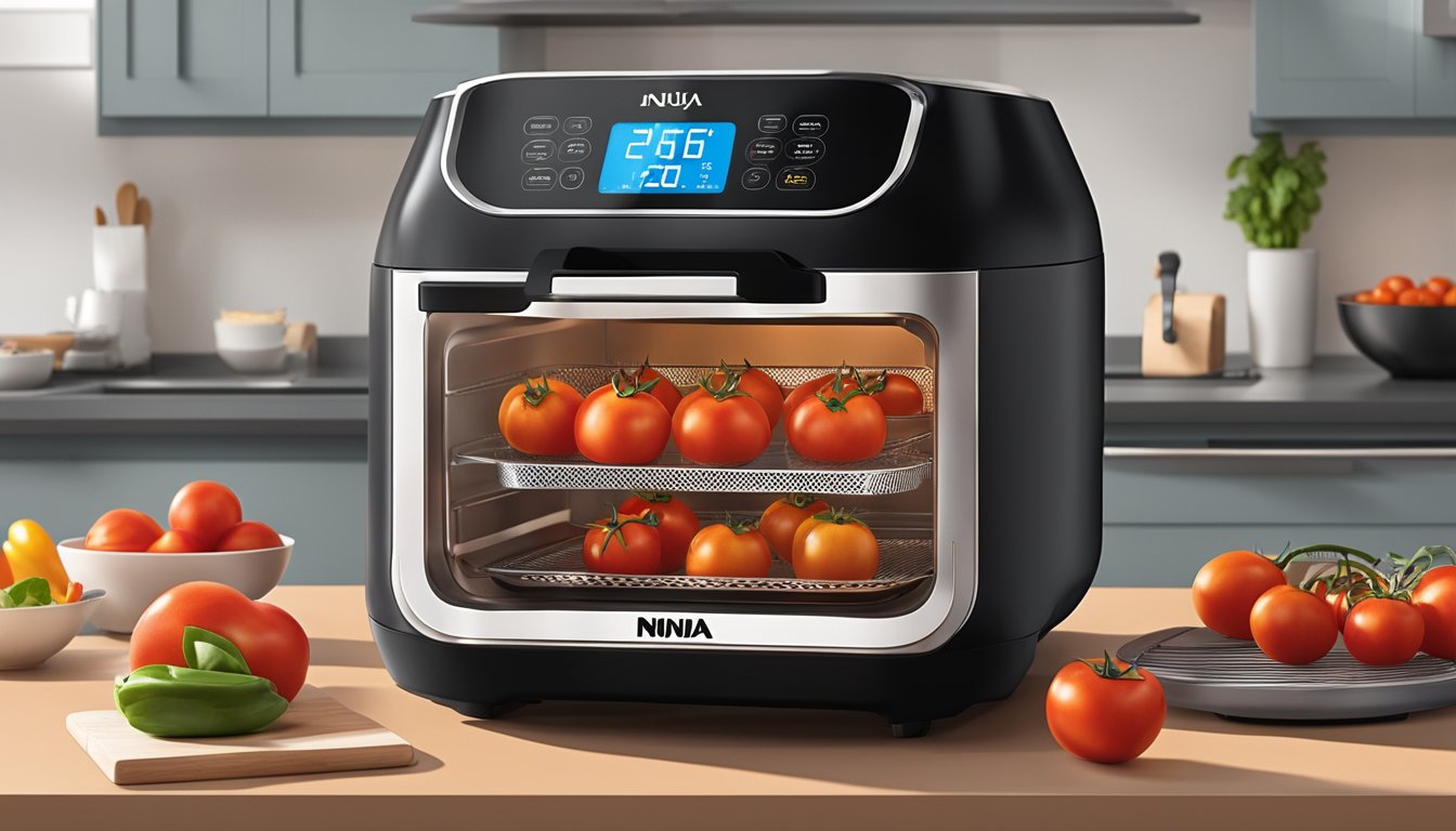 Fresh tomatoes arranged in a single layer inside a Ninja air fryer, with the appliance's digital display showing the dehydration setting in use