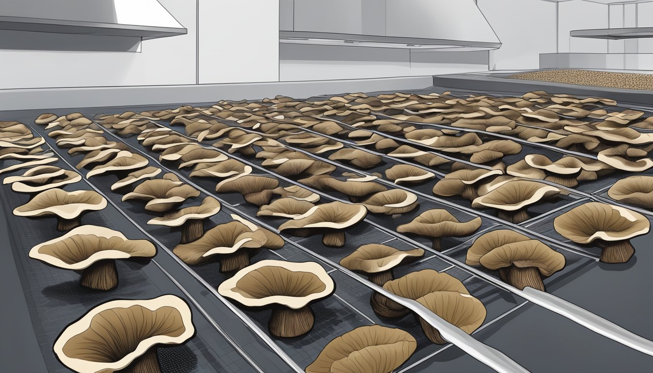 Black trumpet mushrooms arranged on dehydrator trays, with warm air circulating and slowly drying the mushrooms