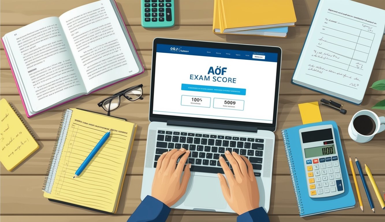 Açık ders kitapları, bir hesap makinesi ve el yazısı notlarla dolu bir masa, AÖF sınav puanlarını hesaplamak için bir web sitesi gösteren bir dizüstü bilgisayar.
