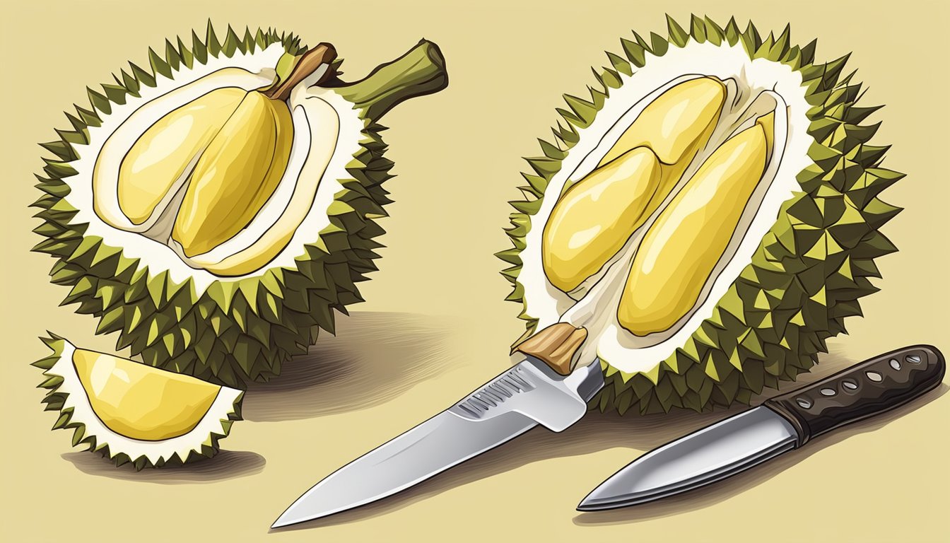 A durian fruit being opened with a knife, revealing creamy yellow flesh inside with a strong aroma