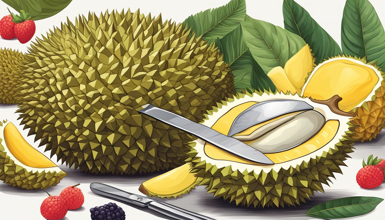 A durian fruit surrounded by a diverse array of other fruits, with a knife and fork nearby