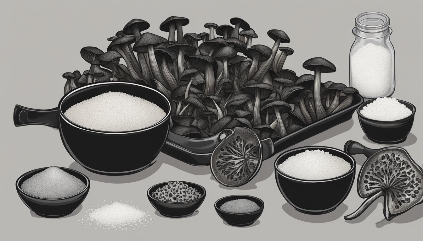 Black trumpet mushrooms laid out on a dehydrator tray, surrounded by bowls of salt and pepper