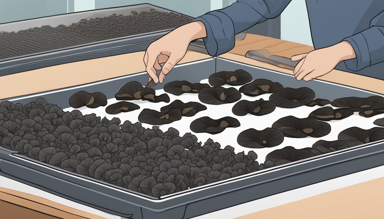 Black trumpet mushrooms spread out on a dehydrator tray, with a person placing the tray inside the dehydrator