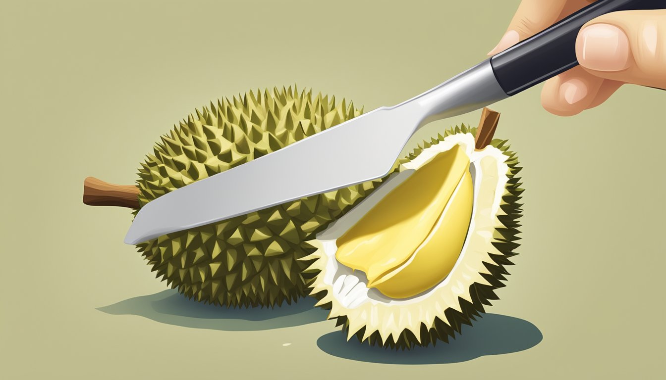 A durian fruit being carefully opened and its creamy yellow flesh being scooped out