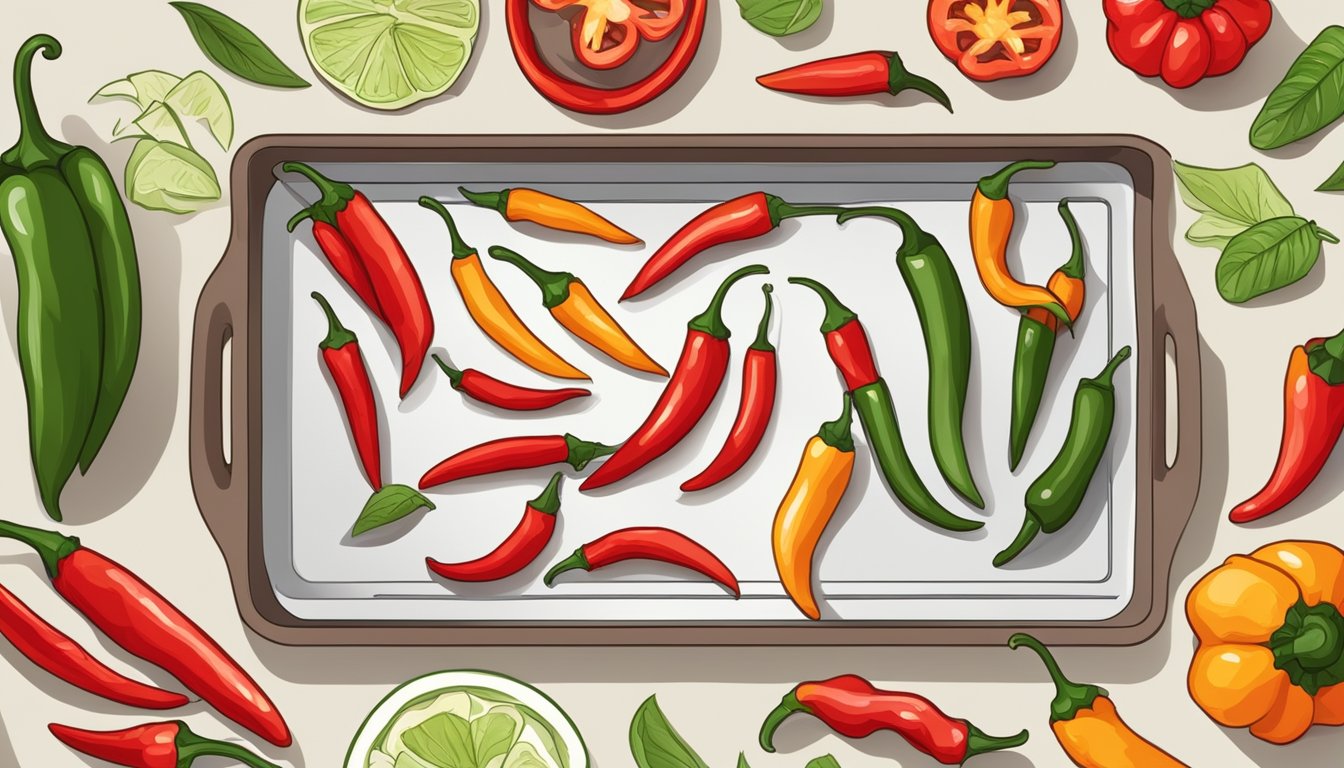 Spicy peppers laid out on a dehydrator tray, with a knife and cutting board nearby