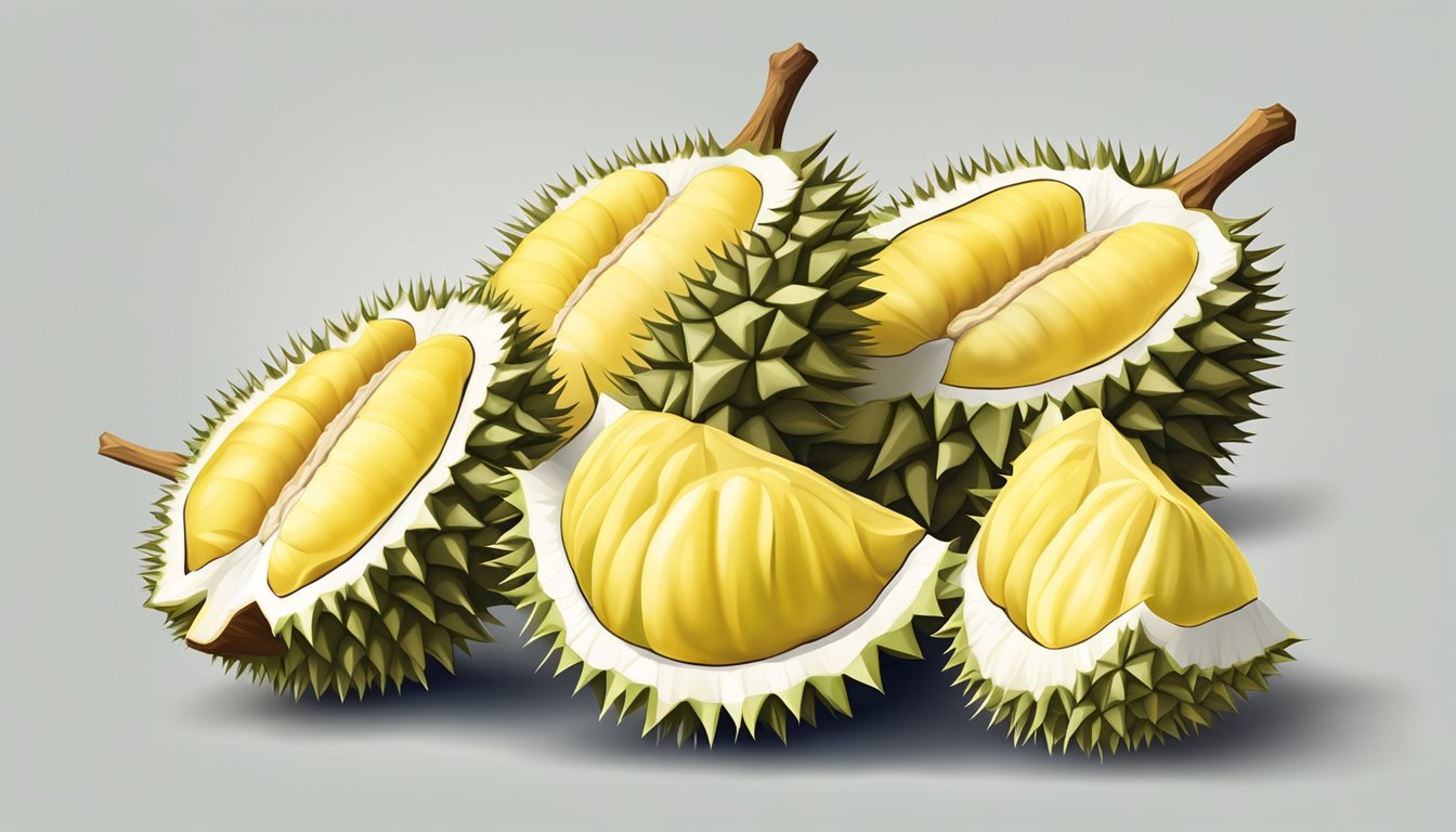 A durian fruit surrounded by its spiky outer shell, emitting a pungent odor, with creamy yellow flesh peeking out from the split husk