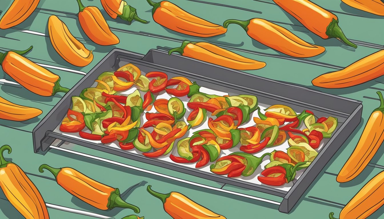 Fresh spicy peppers being sliced and arranged on dehydrator trays