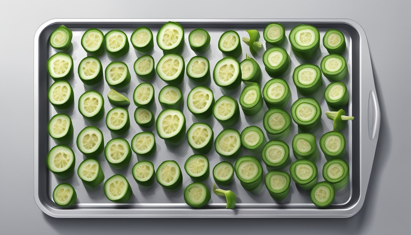 Fresh okra sliced on a dehydrator tray, arranged in a single layer. Tray placed inside the dehydrator with temperature and time settings adjusted