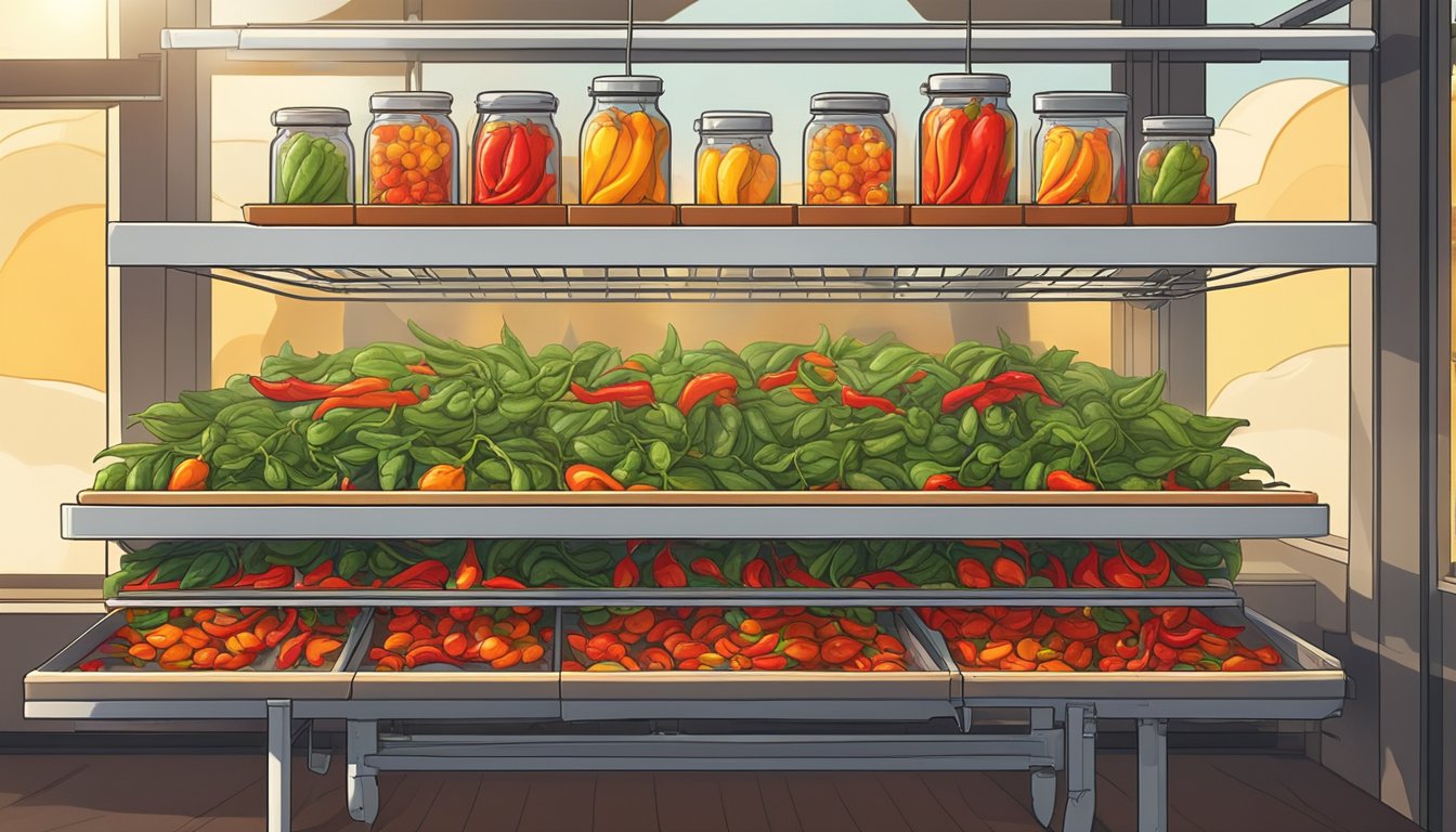 Spicy peppers laid out on a wire rack in a well-ventilated area, surrounded by a dehydrator, with the sun shining through a nearby window