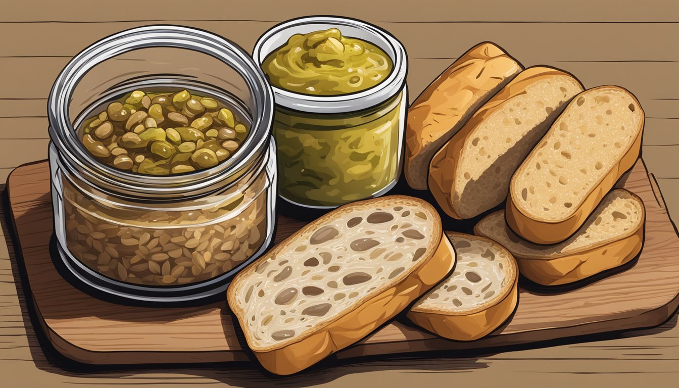 A jar of duck rillette sits on a wooden cutting board, surrounded by slices of baguette, cornichons, and a dollop of whole grain mustard