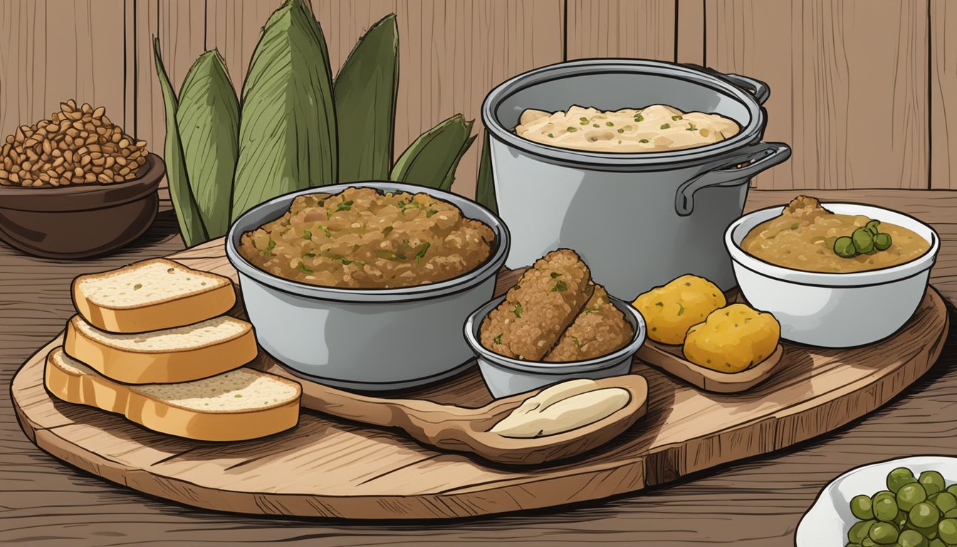 A spread of duck rillette on a rustic wooden board, accompanied by crusty bread, cornichons, and a dollop of whole grain mustard