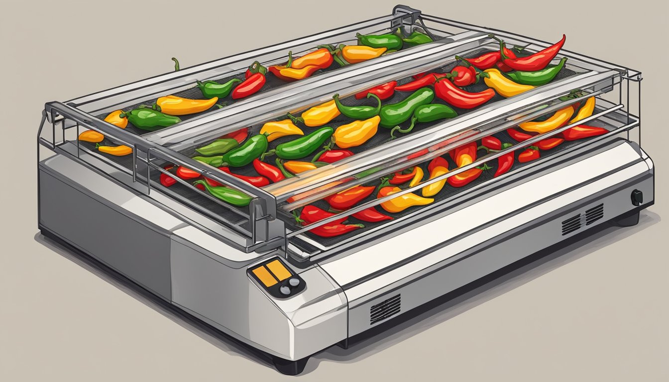 Spicy peppers laid out on dehydrator trays, with the dehydrator plugged in and running