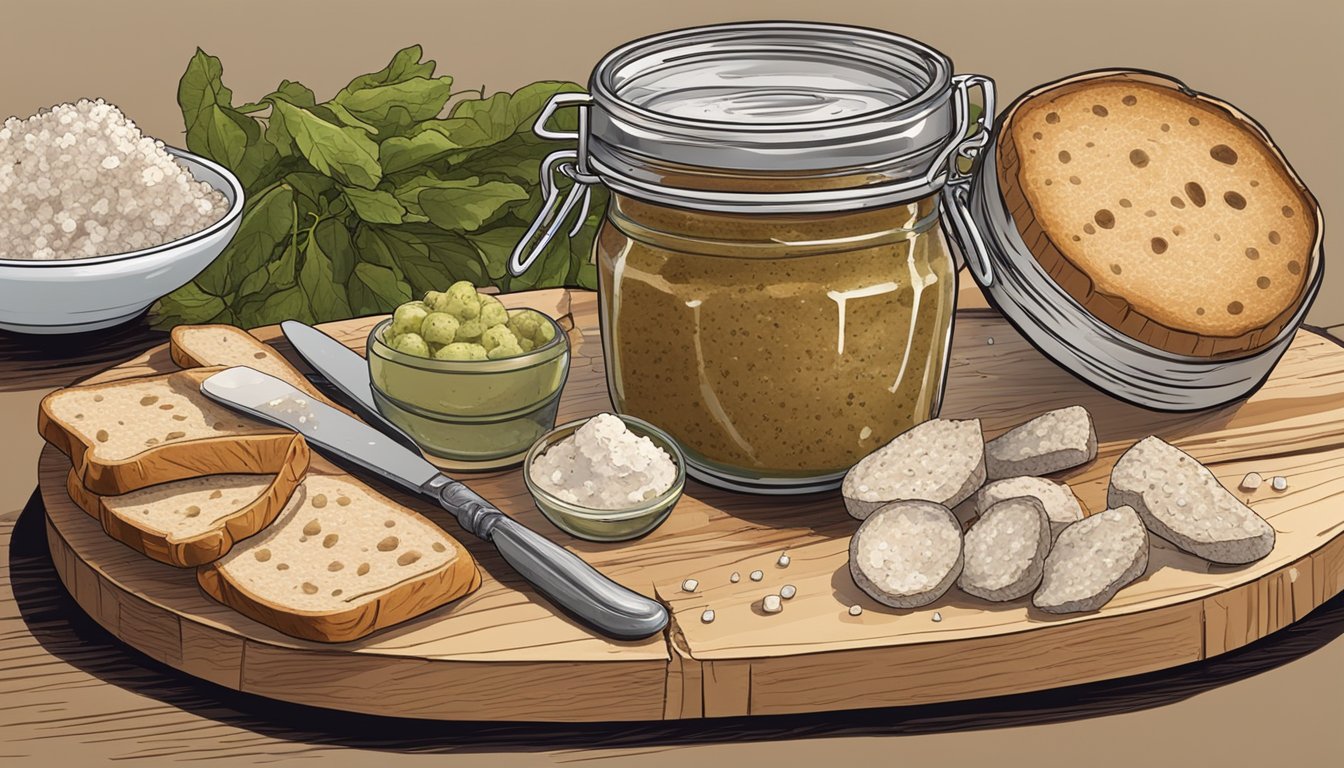 A jar of duck rillette sits on a wooden cutting board, surrounded by crusty bread, cornichons, and a small dish of coarse salt