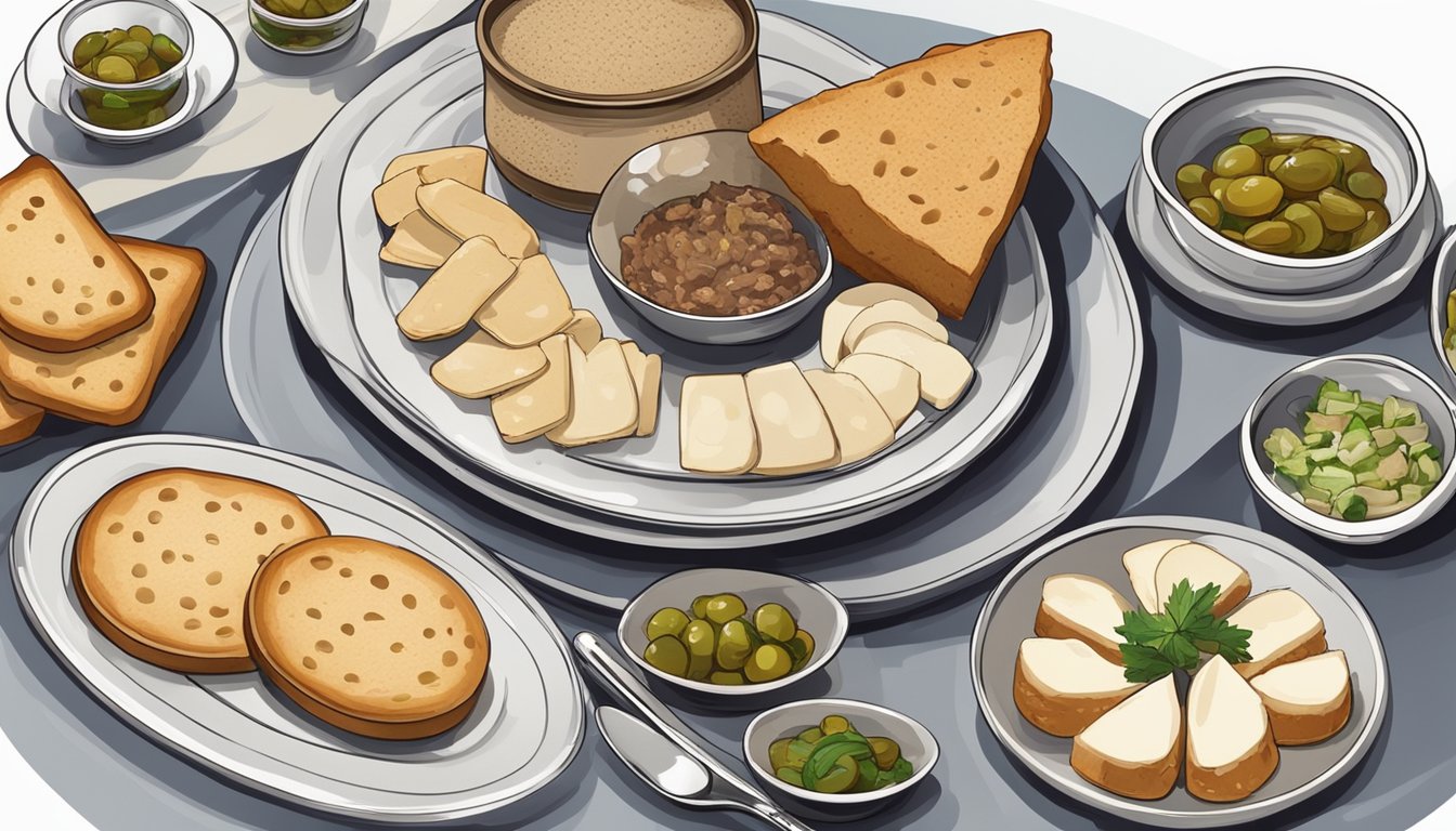 A plate with a dollop of duck rillette, accompanied by a selection of bread, crackers, and pickles, arranged in an elegant and appetizing display