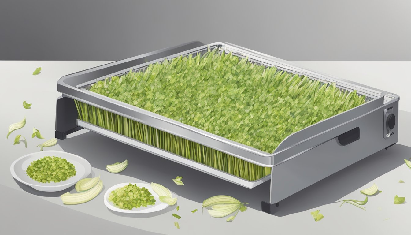 Wild leeks spread out on a dehydrator tray, small pieces arranged in a single layer, with the dehydrator turned on