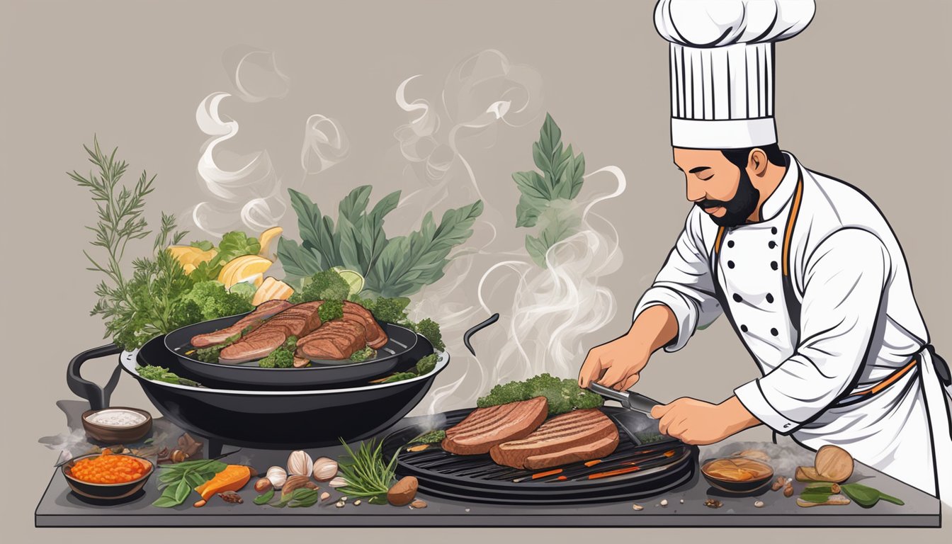 A chef grilling duck breasts on a sizzling hot pan, surrounded by various herbs and spices