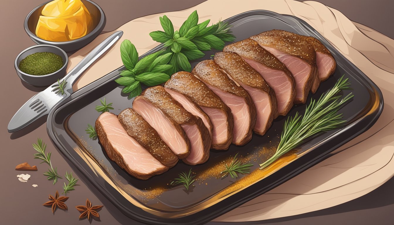 A duck breast being seasoned with herbs and spices, then marinated in a mixture of oil, vinegar, and seasonings