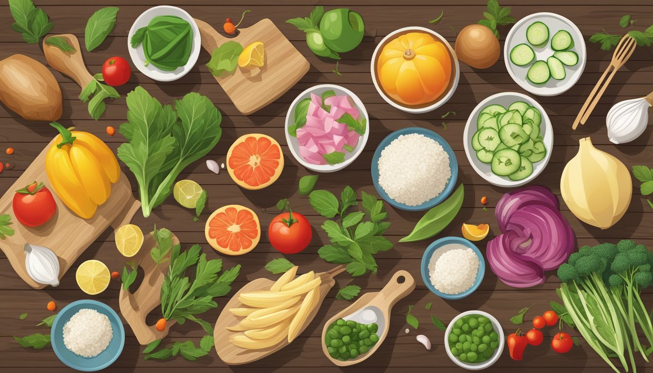 A colorful array of fresh ingredients, including xia mi, laid out on a wooden cutting board with various kitchen utensils nearby