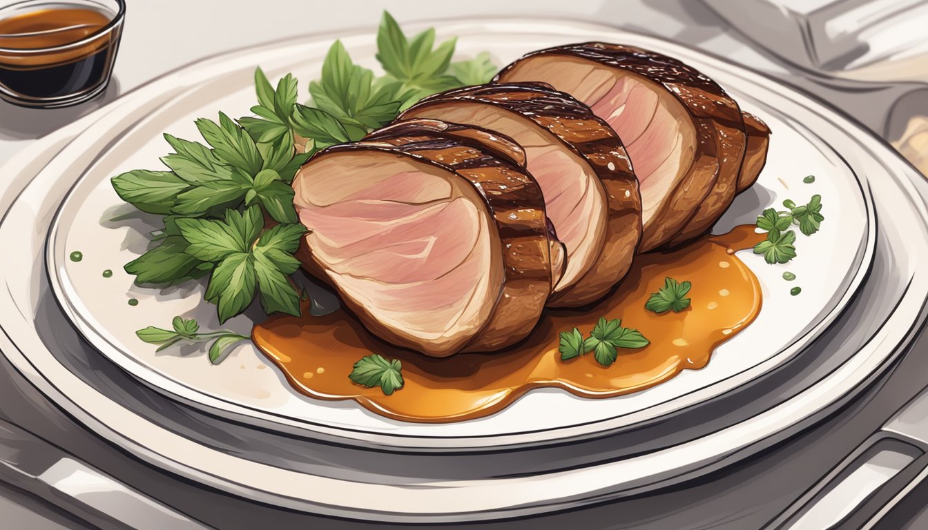 A perfectly seared duck breast with a golden brown skin, sliced and arranged on a white plate with a drizzle of sauce and garnished with fresh herbs