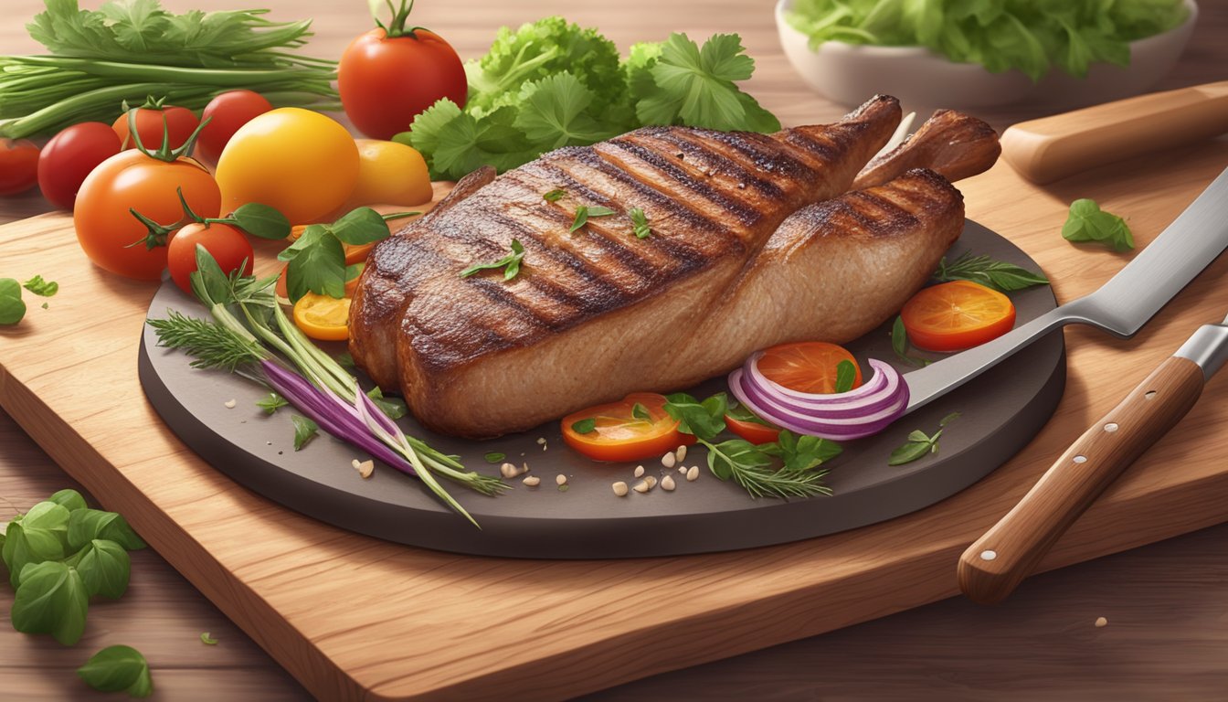 A duck breast being grilled on a hot pan, surrounded by fresh herbs and vegetables on a wooden cutting board