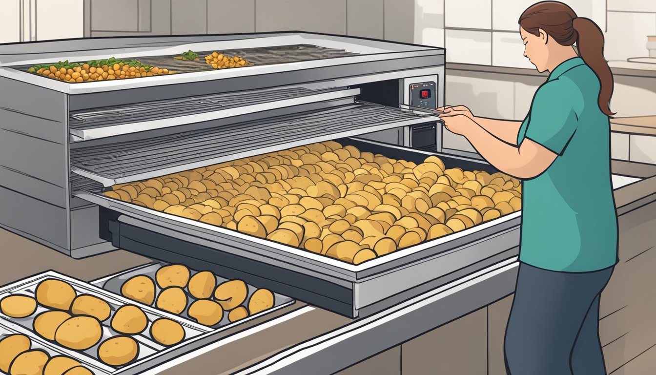 A person placing sliced potatoes onto dehydrator trays, adjusting temperature settings