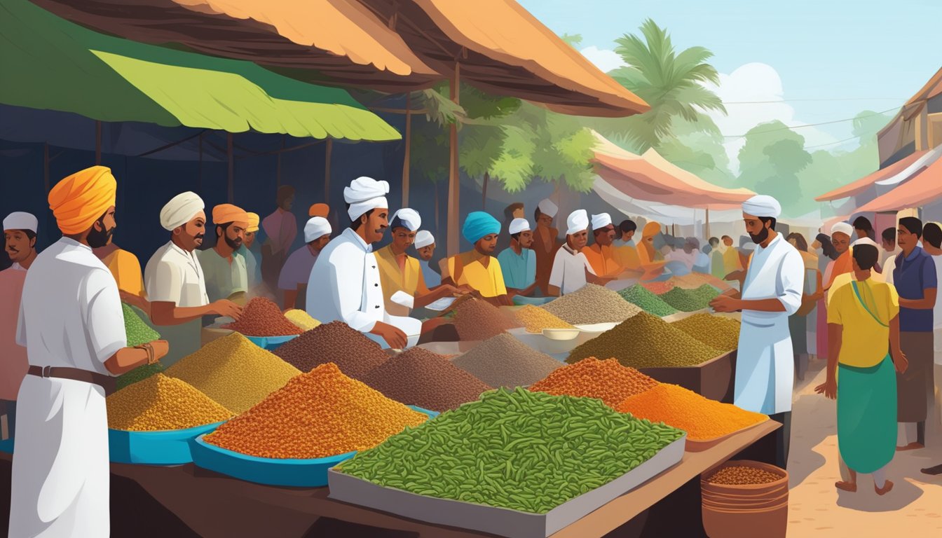 A bustling Goan marketplace with colorful spice vendors and a chef expertly preparing Xacuti, surrounded by curious onlookers