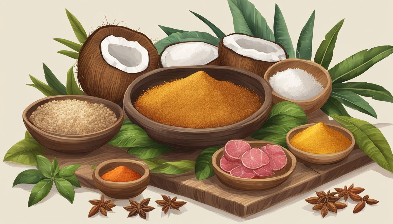 A table with various spices, coconut, and meat arranged for cooking xacuti