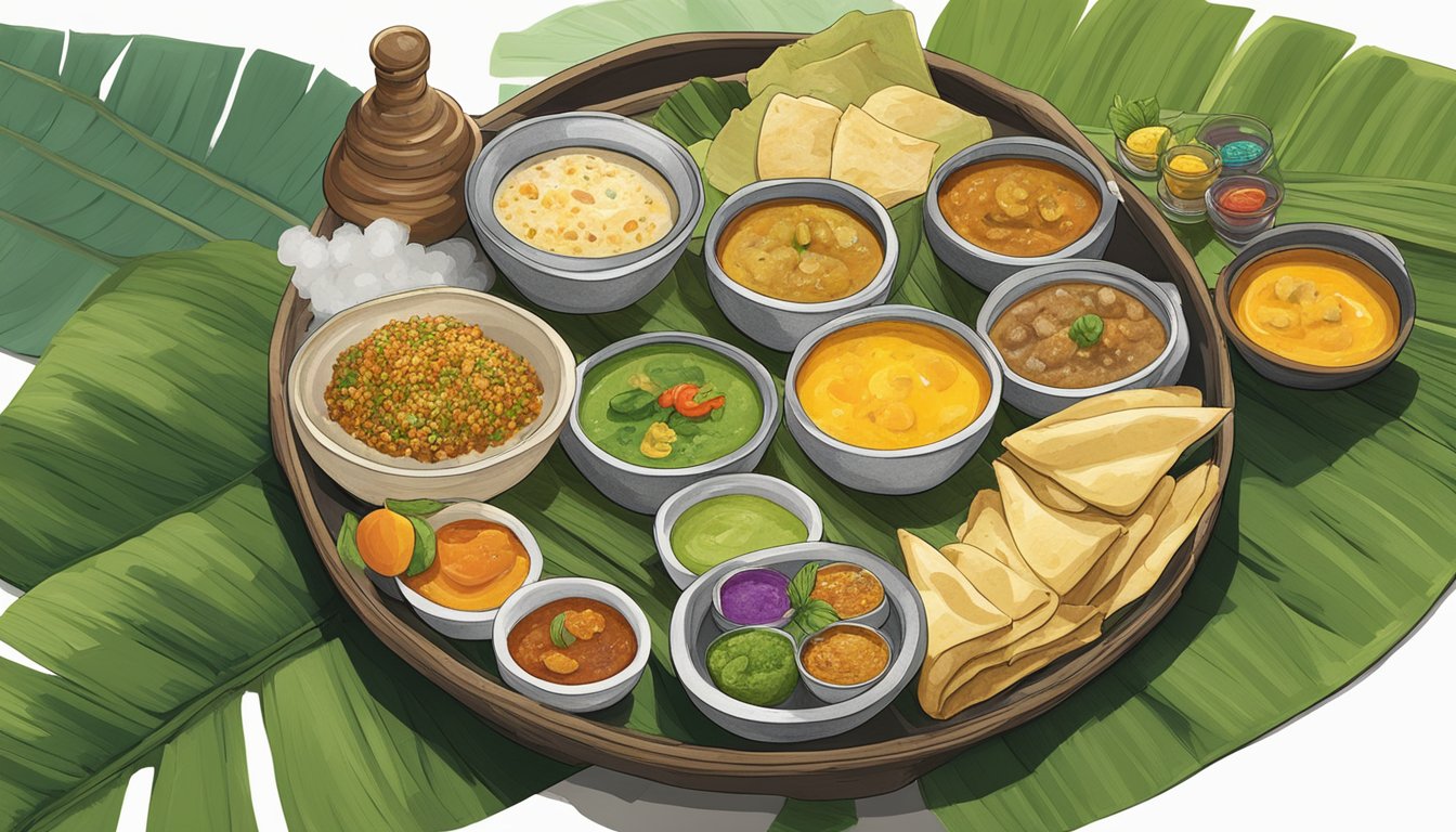 A steaming bowl of xacuti sits on a banana leaf, surrounded by small dishes of condiments and accompanied by a stack of warm, flaky parathas