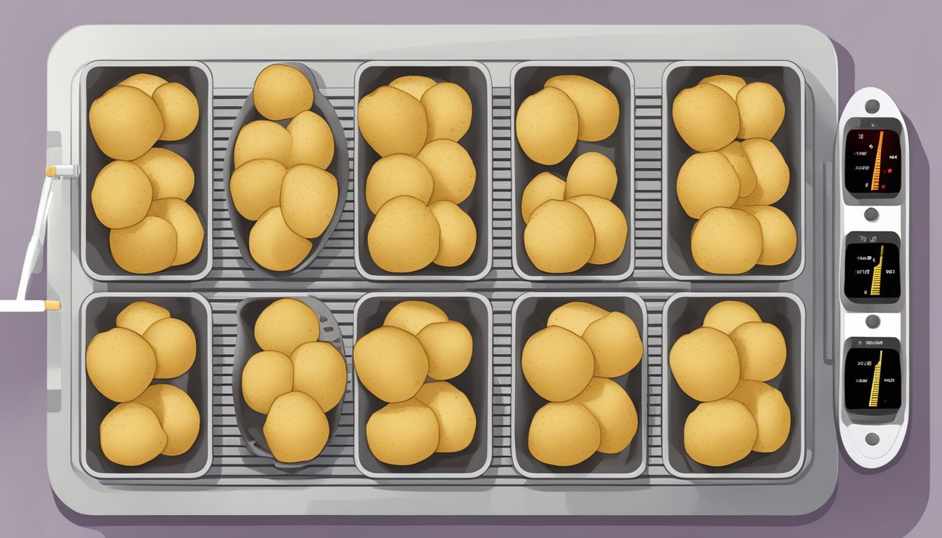 Potatoes laid out on dehydrator trays with a thermometer displaying the correct temperature