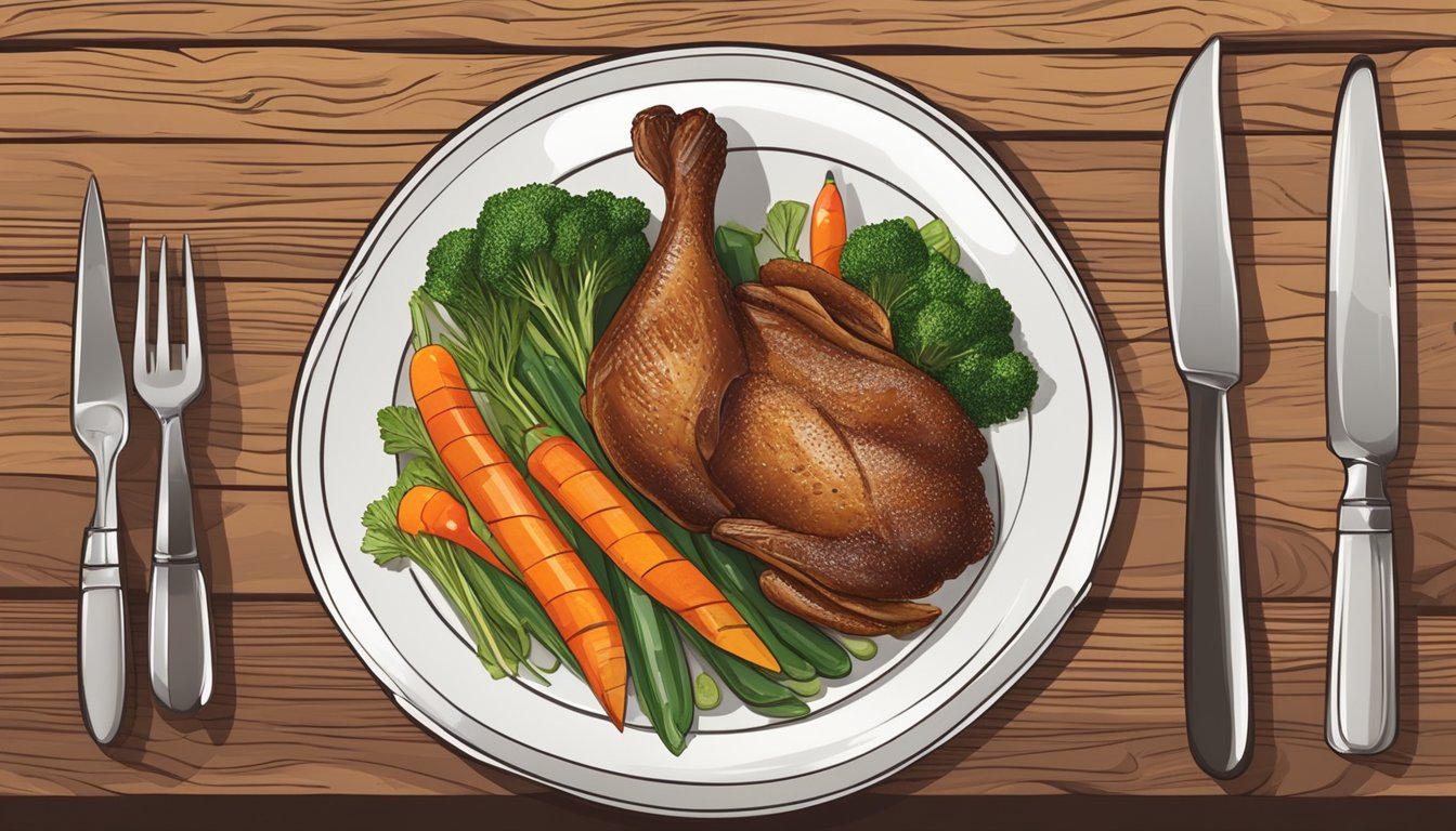 A plate with a fork and knife, a crispy duck leg, and a side of vegetables on a rustic wooden table