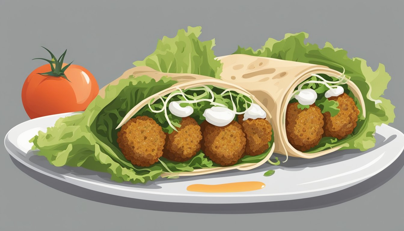 A falafel wrap cut in half, with lettuce, tomatoes, and falafel balls inside, surrounded by a side of tahini sauce