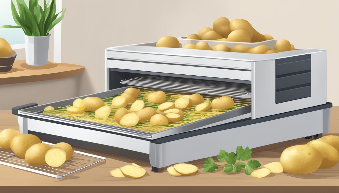 Potatoes being sliced and arranged on dehydrator trays, set at the recommended temperature for dehydration