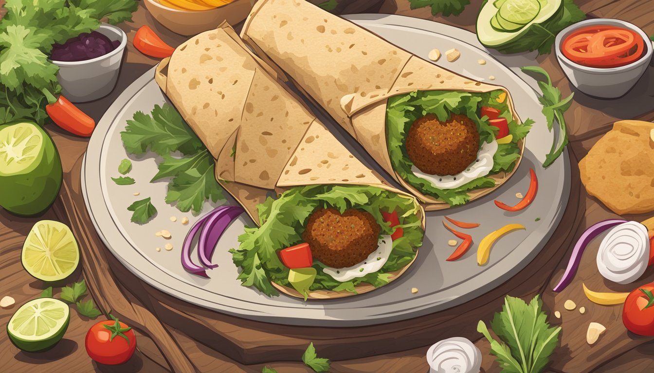 A falafel wrap sits on a wooden cutting board, surrounded by vibrant, fresh ingredients. The wrap is neatly folded and secured with a toothpick, ready to be enjoyed