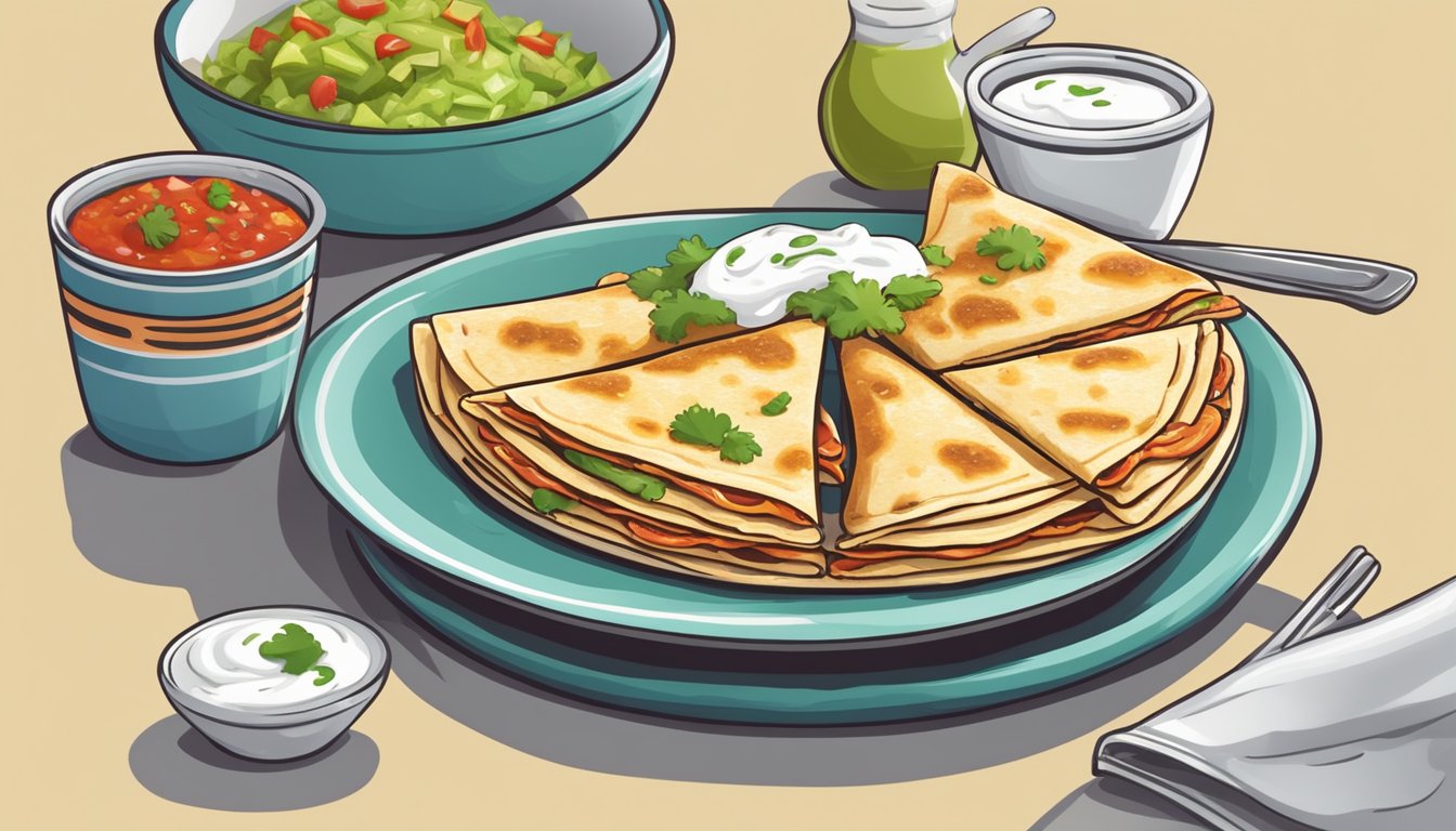 A chicken quesadilla being garnished with sour cream and served on a colorful plate with a side of salsa and guacamole