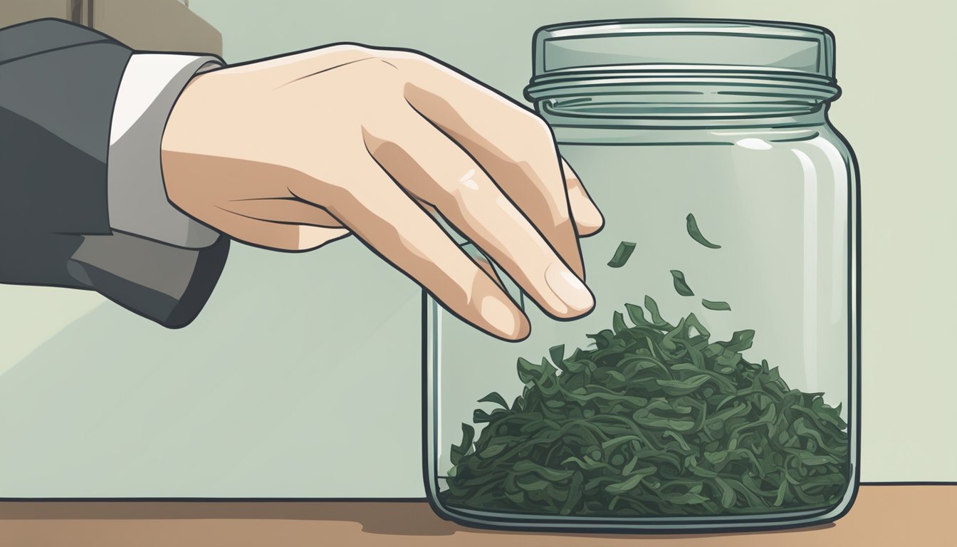 A hand reaching for a bundle of dried wakame seaweed on a shelf, with a clear glass jar nearby for storing the rehydrated seaweed