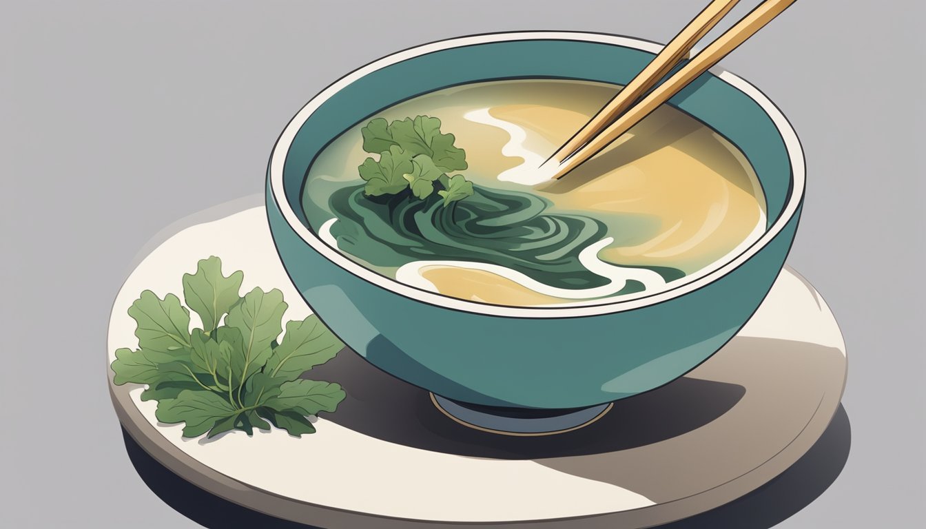 A bowl of miso soup with wakame floating in the broth, accompanied by chopsticks resting on a ceramic dish