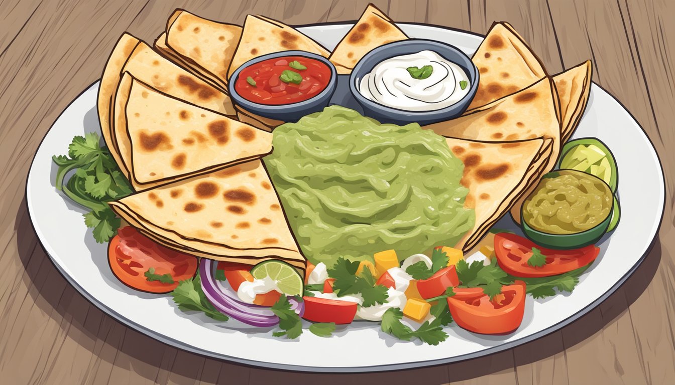 A plate with a chicken quesadilla surrounded by colorful side dishes like guacamole, salsa, and sour cream