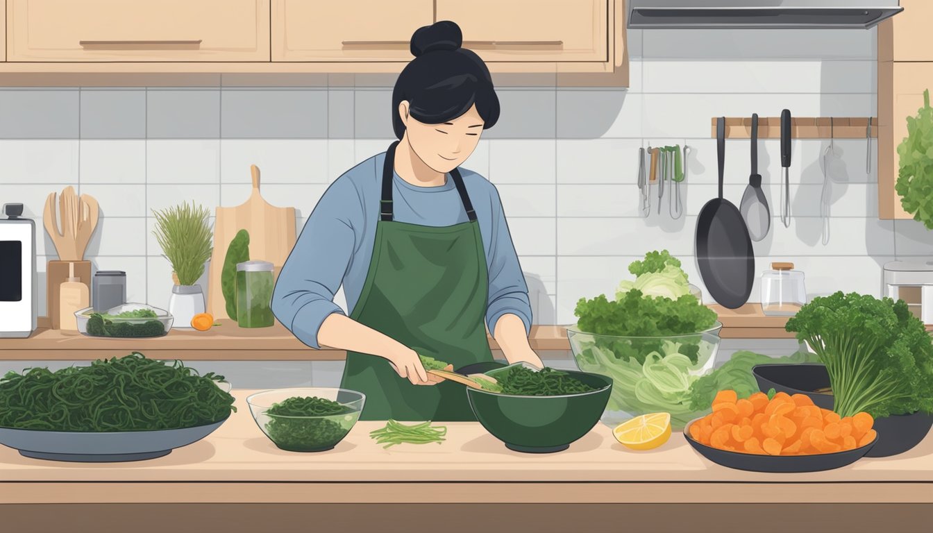 A person preparing a wakame salad, holding a bowl of rehydrated wakame, cutting vegetables, and mixing ingredients in a kitchen