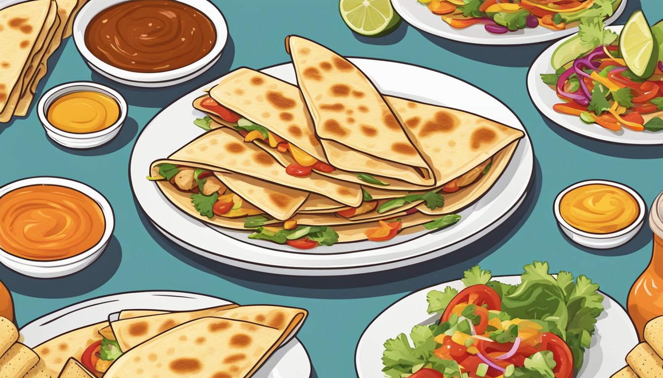 A chicken quesadilla being dipped into a variety of colorful sauces on a plate