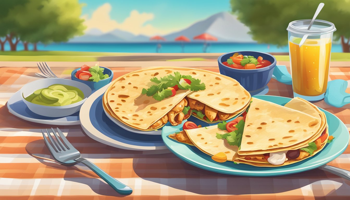 A chicken quesadilla being enjoyed with a fork and knife at a colorful outdoor picnic table