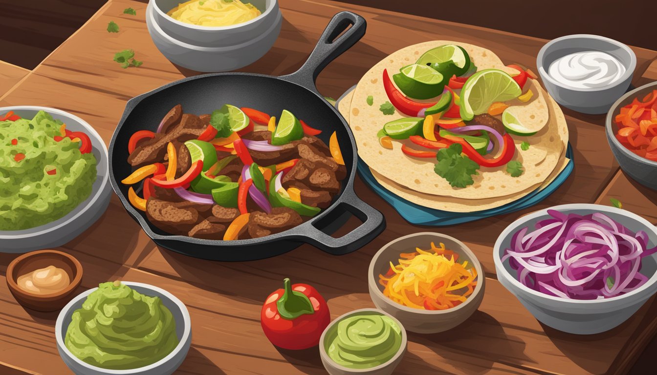 A sizzling skillet of fajitas, with onions and peppers, sits on a wooden table. A stack of warm tortillas and small dishes of guacamole, sour cream, and salsa are nearby