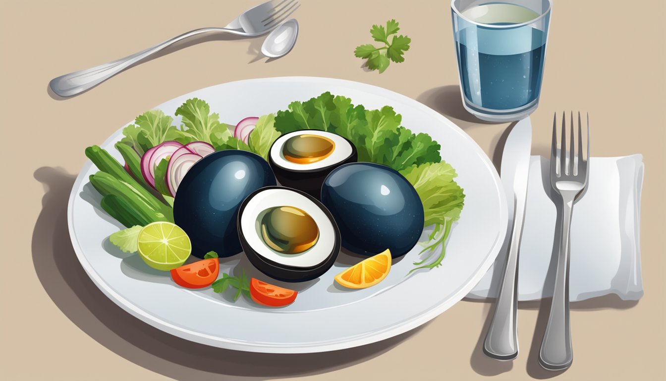 A century egg placed on a white plate with a fork and knife next to it, surrounded by a variety of fresh vegetables and a glass of water