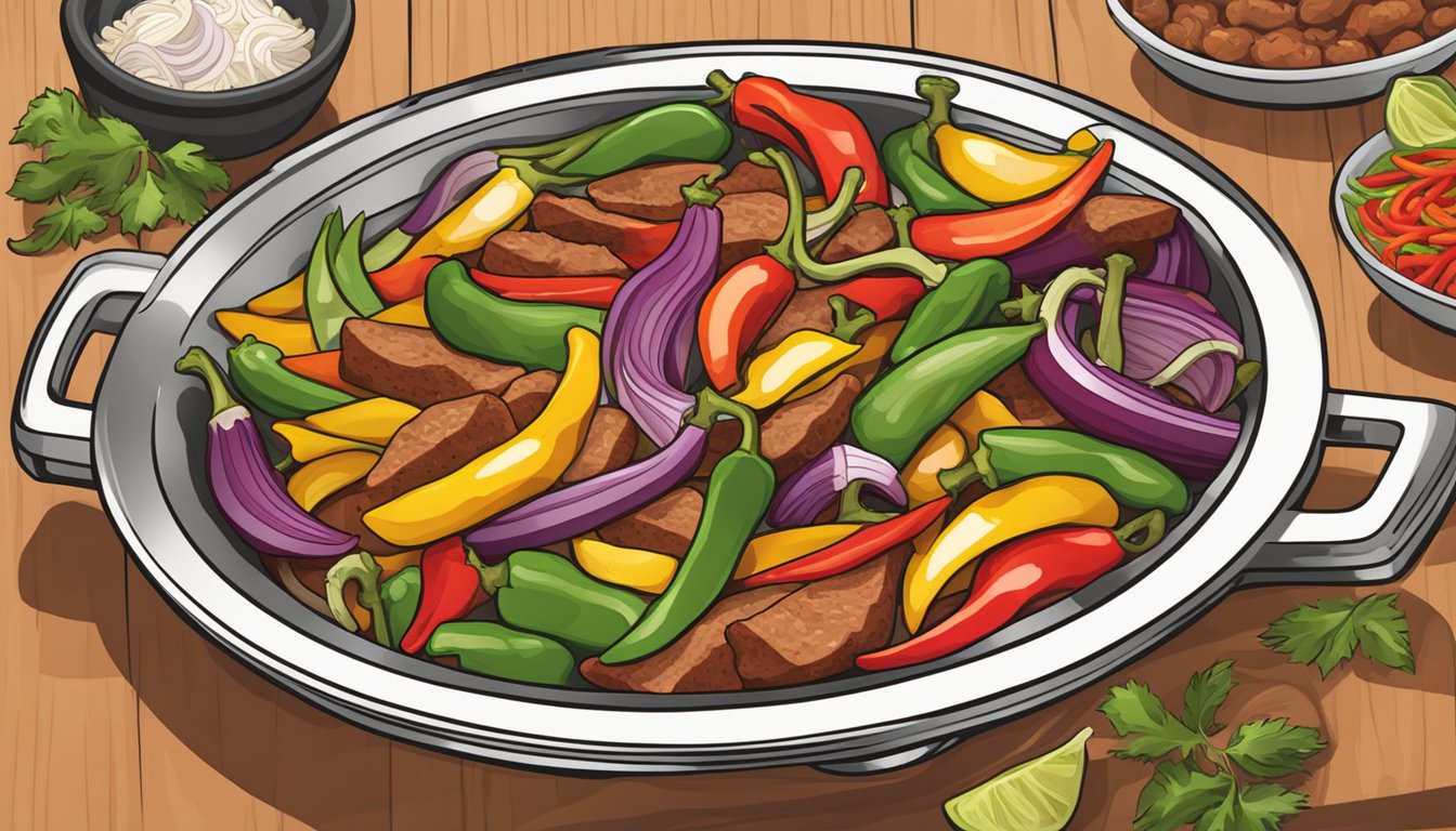 A sizzling skillet holds colorful sliced peppers, onions, and strips of seasoned meat, ready to be assembled into fajitas