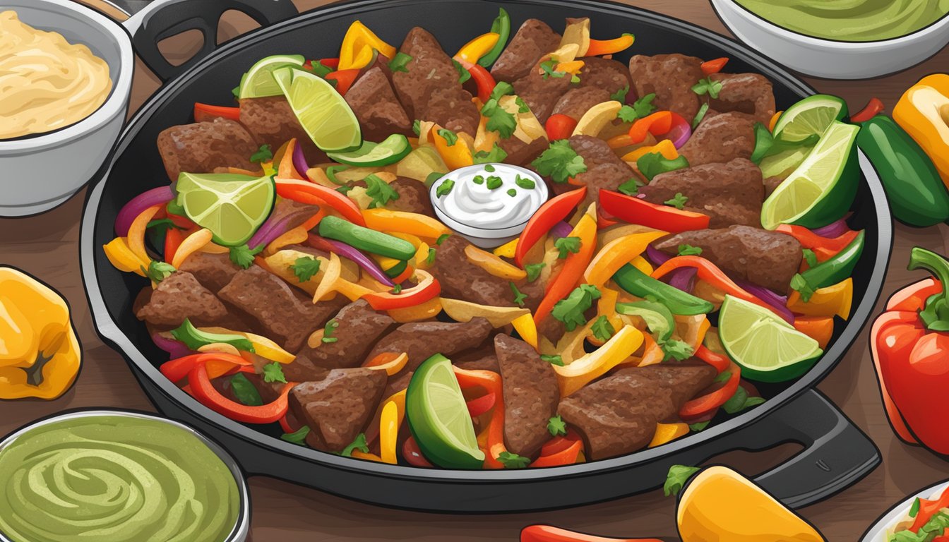 Sizzling fajitas on a hot skillet, surrounded by colorful bell peppers, onions, and a side of guacamole and sour cream