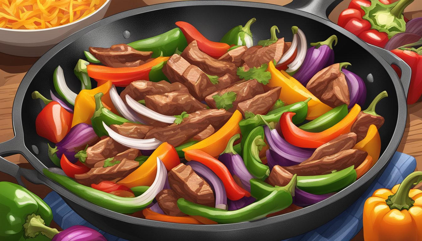 Sizzling fajita ingredients on a hot skillet, with colorful bell peppers, onions, and seasoned meat cooking together