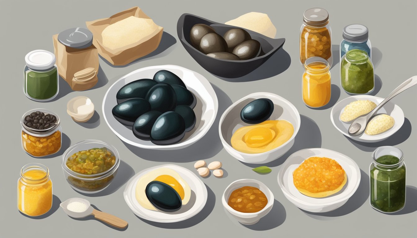 A century egg beside other preserved eggs, surrounded by condiments and utensils for eating