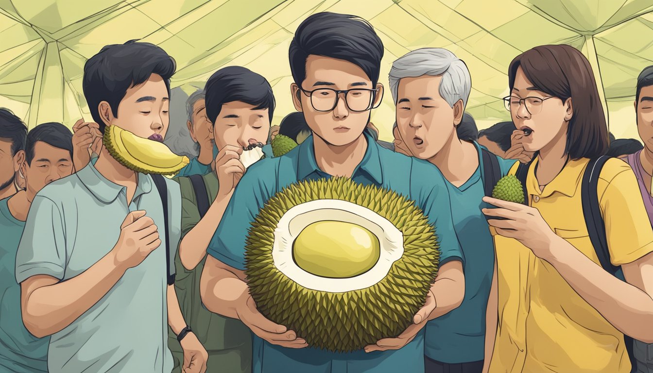 A durian fruit surrounded by people holding their noses and covering their mouths