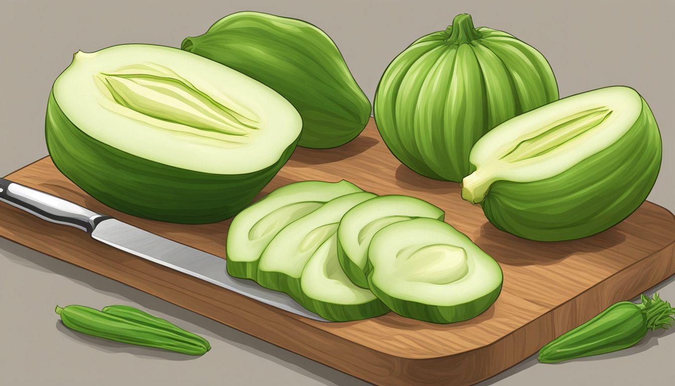 A chayote squash being sliced and prepared with fresh vegetables on a cutting board