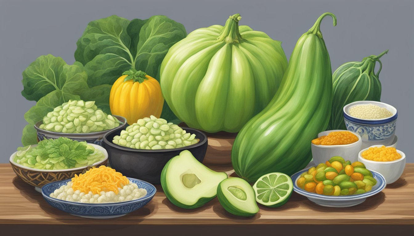 A chayote squash surrounded by various international dishes, representing its global influence in cuisine